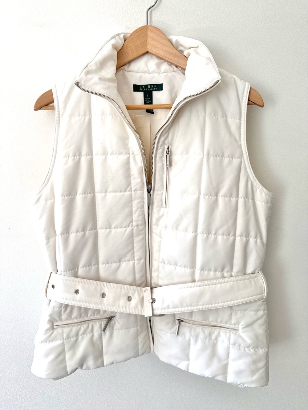 Lauren Ralph Lauren Belted Puffer Vest Ivory L EUC Apres Ski Aspen Winter Chalet